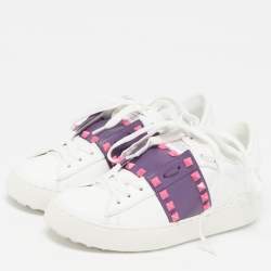 Pre Owned Valentino Rockstud Size 35.5 White/Purple Leather Lace Up Sneakers