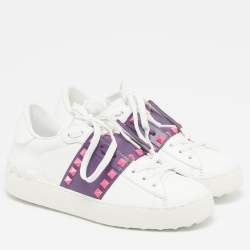 Pre Owned Valentino Rockstud Size 35.5 White/Purple Leather Lace Up Sneakers