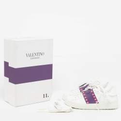 Pre Owned Valentino Rockstud Size 35.5 White/Purple Leather Lace Up Sneakers