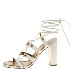 Pre Owned Valentino White Leather Rockstud Block Heel Gladiator Lace Up Sandals Size 39