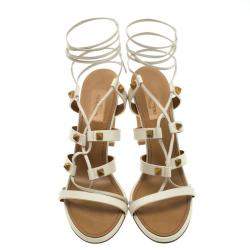 Pre Owned Valentino White Leather Rockstud Block Heel Gladiator Lace Up Sandals Size 39