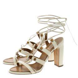 Pre Owned Valentino White Leather Rockstud Block Heel Gladiator Lace Up Sandals Size 39
