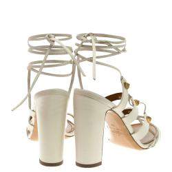 Pre Owned Valentino White Leather Rockstud Block Heel Gladiator Lace Up Sandals Size 39