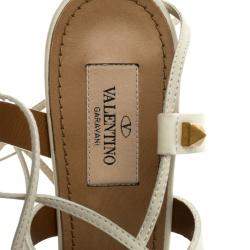 Pre Owned Valentino White Leather Rockstud Block Heel Gladiator Lace Up Sandals Size 39