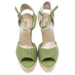 Pre Owned Valentino Green Studded Leather Espadrille Wedge Ankle Strap Sandals Size 41