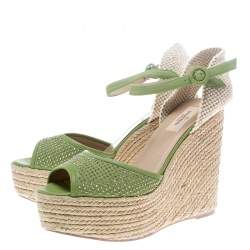 Pre Owned Valentino Green Studded Leather Espadrille Wedge Ankle Strap Sandals Size 41
