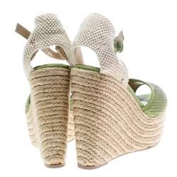 Pre Owned Valentino Green Studded Leather Espadrille Wedge Ankle Strap Sandals Size 41