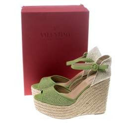 Pre Owned Valentino Green Studded Leather Espadrille Wedge Ankle Strap Sandals Size 41