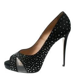 Pre Owned Valentino Black Crystal Embellished Satin Peep Toe Platform Pumps Size 41