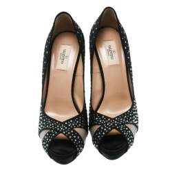 Pre Owned Valentino Black Crystal Embellished Satin Peep Toe Platform Pumps Size 41