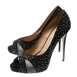 Pre Owned Valentino Black Crystal Embellished Satin Peep Toe Platform Pumps Size 41