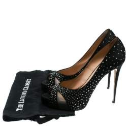 Pre Owned Valentino Black Crystal Embellished Satin Peep Toe Platform Pumps Size 41