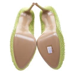 Pre Owned Valentino Pop Apple Green Crystal Embellished Satin Peep Toe Platform Pumps Size 40