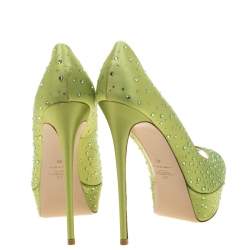 Pre Owned Valentino Pop Apple Green Crystal Embellished Satin Peep Toe Platform Pumps Size 40