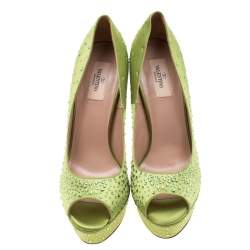 Pre Owned Valentino Pop Apple Green Crystal Embellished Satin Peep Toe Platform Pumps Size 40