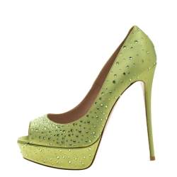 Pre Owned Valentino Pop Apple Green Crystal Embellished Satin Peep Toe Platform Pumps Size 40