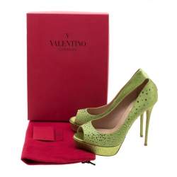 Pre Owned Valentino Pop Apple Green Crystal Embellished Satin Peep Toe Platform Pumps Size 40