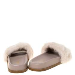 Pre Owned Valentino Beige Mink Fur Rockstud Flat Slides Size 38