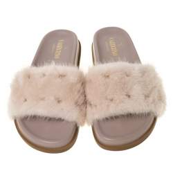 Pre Owned Valentino Beige Mink Fur Rockstud Flat Slides Size 38