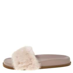 Pre Owned Valentino Beige Mink Fur Rockstud Flat Slides Size 38