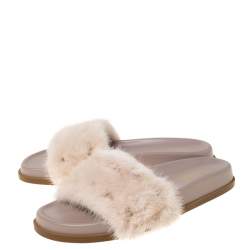 Pre Owned Valentino Beige Mink Fur Rockstud Flat Slides Size 38