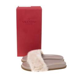Pre Owned Valentino Beige Mink Fur Rockstud Flat Slides Size 38