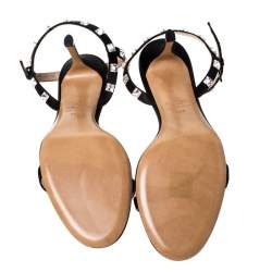 Pre Owned Valentino Black Satin Rockstud Ankle Strap Sandals Size 39.5