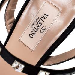 Pre Owned Valentino Black Satin Rockstud Ankle Strap Sandals Size 39.5