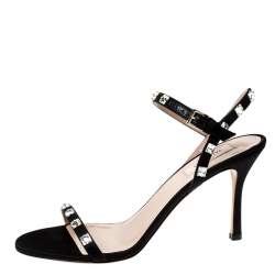 Pre Owned Valentino Black Satin Rockstud Ankle Strap Sandals Size 39.5