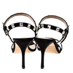 Pre Owned Valentino Black Satin Rockstud Ankle Strap Sandals Size 39.5