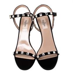 Pre Owned Valentino Black Satin Rockstud Ankle Strap Sandals Size 39.5