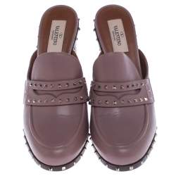 Pre Owned Valentino Pale Pink Leather Rockstud Penny Loafer Mules Size 38