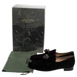 Pre Owned Valentino Black Suede Panther Detail Slip On Loafers Size 39