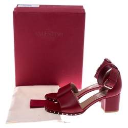 Pre Owned Valentino Red Leather Rockstud Ankle Cuff Sandals Size 39.5