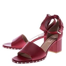 Pre Owned Valentino Red Leather Rockstud Ankle Cuff Sandals Size 39.5