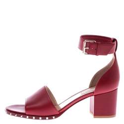 Pre Owned Valentino Red Leather Rockstud Ankle Cuff Sandals Size 39.5