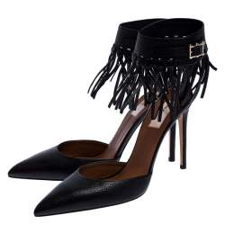 Pre Owned Valentino Black Leather C-Rockee Fringe Ankle Strap Sandals Size 40