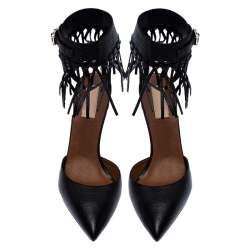 Pre Owned Valentino Black Leather C-Rockee Fringe Ankle Strap Sandals Size 40