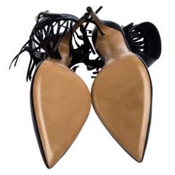 Pre Owned Valentino Black Leather C-Rockee Fringe Ankle Strap Sandals Size 40