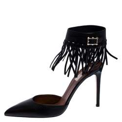 Pre Owned Valentino Black Leather C-Rockee Fringe Ankle Strap Sandals Size 40