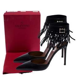 Pre Owned Valentino Black Leather C-Rockee Fringe Ankle Strap Sandals Size 40