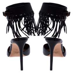 Pre Owned Valentino Black Leather C-Rockee Fringe Ankle Strap Sandals Size 40