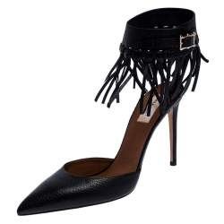 Pre Owned Valentino Black Leather C-Rockee Fringe Ankle Strap Sandals Size 40