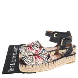 Pre Owned Valentino Multcolor Camubutterfly Lace And Leather Platform Espadrilles Size 38