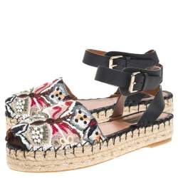 Pre Owned Valentino Multcolor Camubutterfly Lace And Leather Platform Espadrilles Size 38