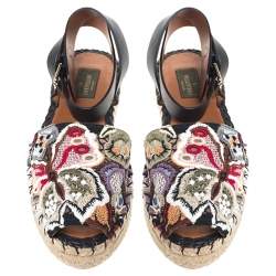 Pre Owned Valentino Multcolor Camubutterfly Lace And Leather Platform Espadrilles Size 38