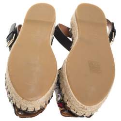 Pre Owned Valentino Multcolor Camubutterfly Lace And Leather Platform Espadrilles Size 38