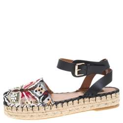Pre Owned Valentino Multcolor Camubutterfly Lace And Leather Platform Espadrilles Size 38