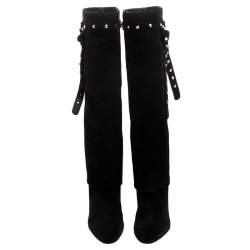 Pre Owned Valentino Black Suede Rockstud Tie Foldover Knee Length Boots Size 37