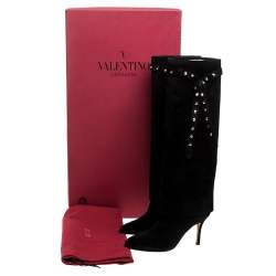 Pre Owned Valentino Black Suede Rockstud Tie Foldover Knee Length Boots Size 37